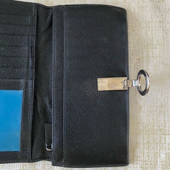 BVLGARI Black Leather Long Wallet with Teal Blue Interior and Silver Hardware. - Picture 9 of 15